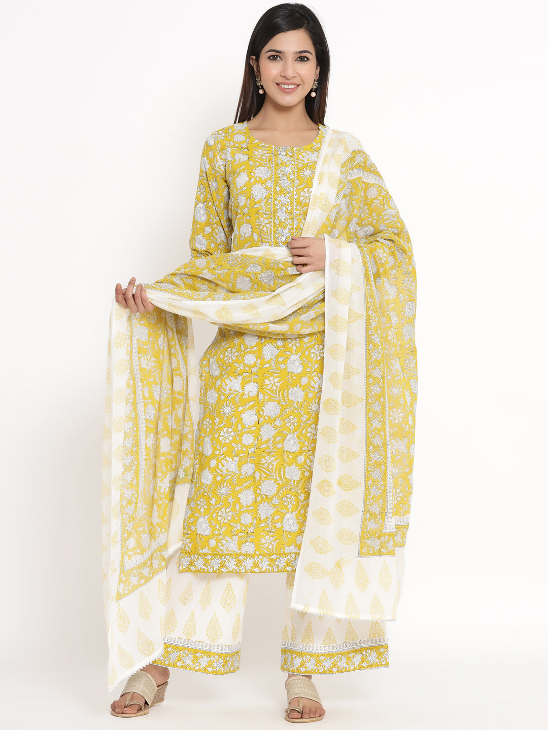 Cotton Floral Print Straight Kurta Palazzo Dupatta