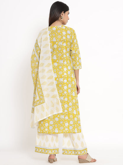 Cotton Floral Print Straight Kurta Palazzo Dupatta