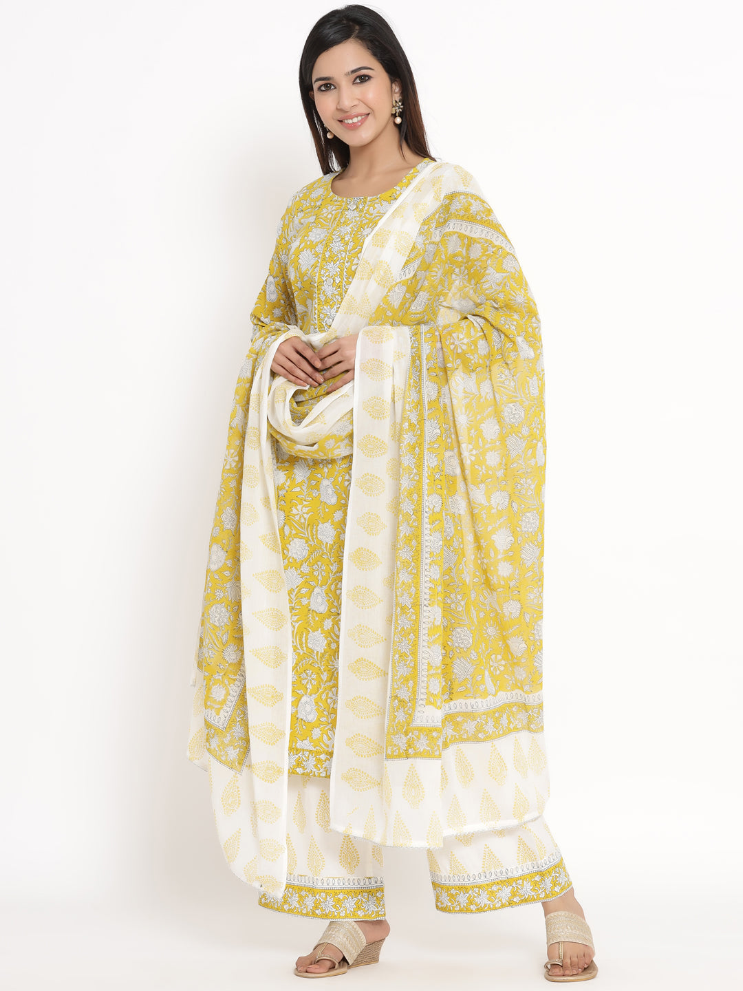 Cotton Floral Print Straight Kurta Palazzo Dupatta