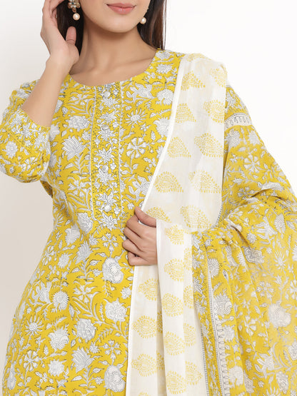 Cotton Floral Print Straight Kurta Palazzo Dupatta