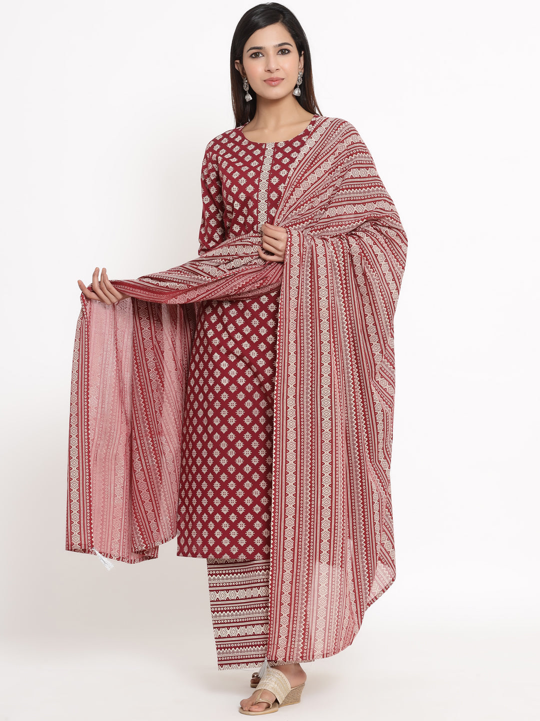 Cotton Block Print Straight Kurta Palazzo Dupatta