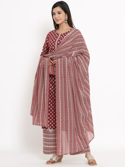 Cotton Block Print Straight Kurta Palazzo Dupatta