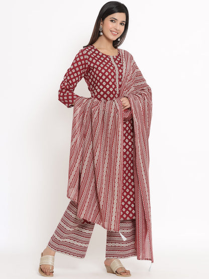 Cotton Block Print Straight Kurta Palazzo Dupatta