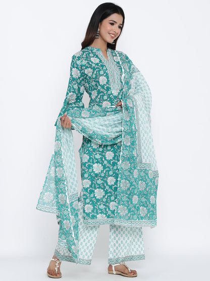 Cotton Printed Flared Kurta Palazzo Dupatta