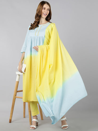 Cotton Tie Die Print Flared Kurta Pant Dupatta (Sky Blue & Yellow)