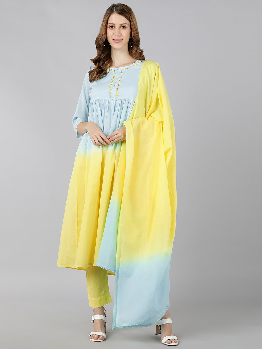 Cotton Tie Die Print Flared Kurta Pant Dupatta (Sky Blue & Yellow)