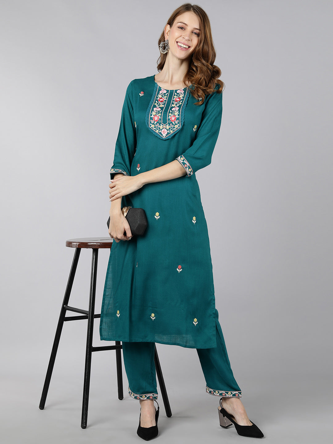 Rayon Solid Straight Kurta Pant Set (Turquoise)