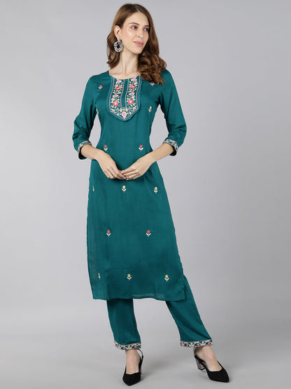 Rayon Solid Straight Kurta Pant Set (Turquoise)