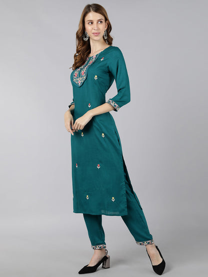 Rayon Solid Straight Kurta Pant Set (Turquoise)