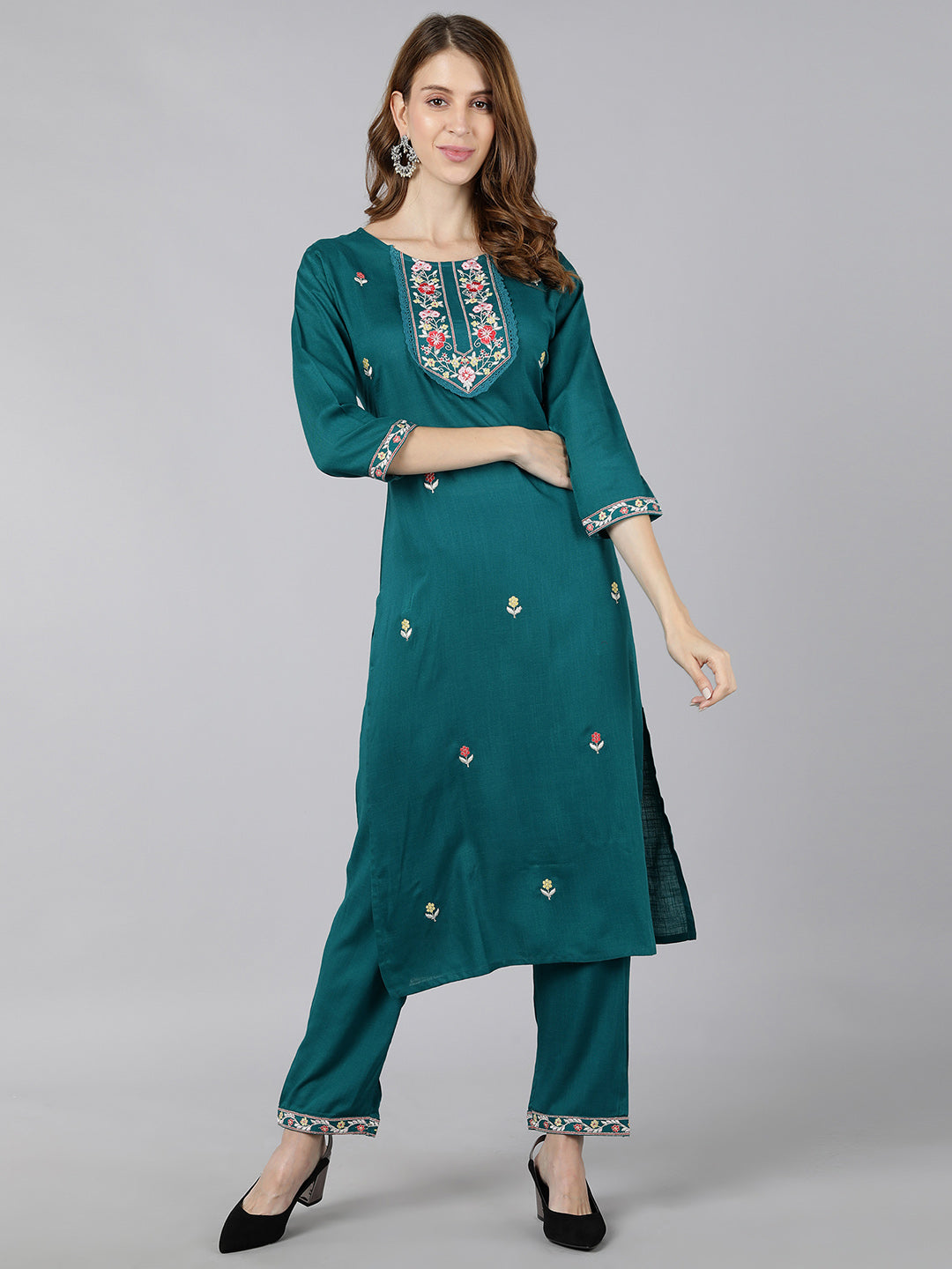 Rayon Solid Straight Kurta Pant Set (Turquoise)