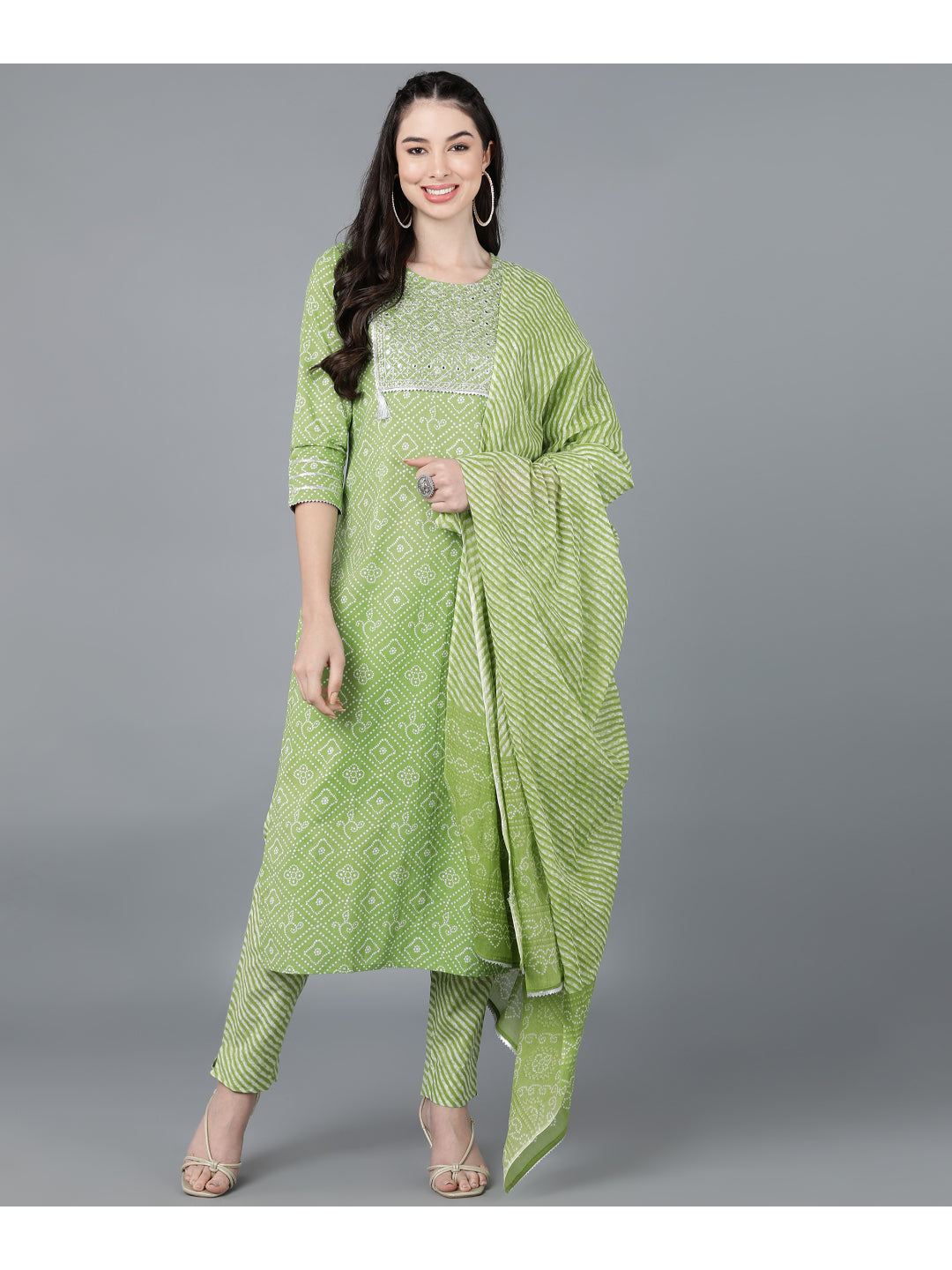 Cotton Leheriya Print Straight Kurta Set (Green)