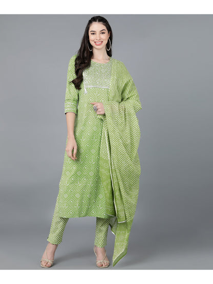 Cotton Leheriya Print Straight Kurta Set (Green)