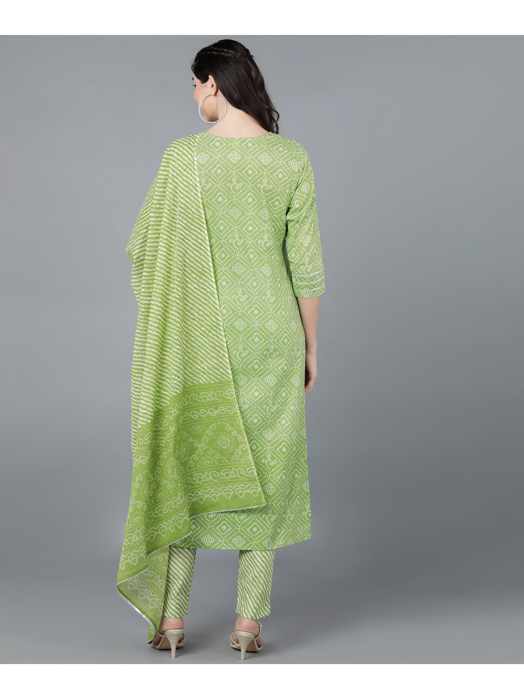 Cotton Leheriya Print Straight Kurta Set (Green)