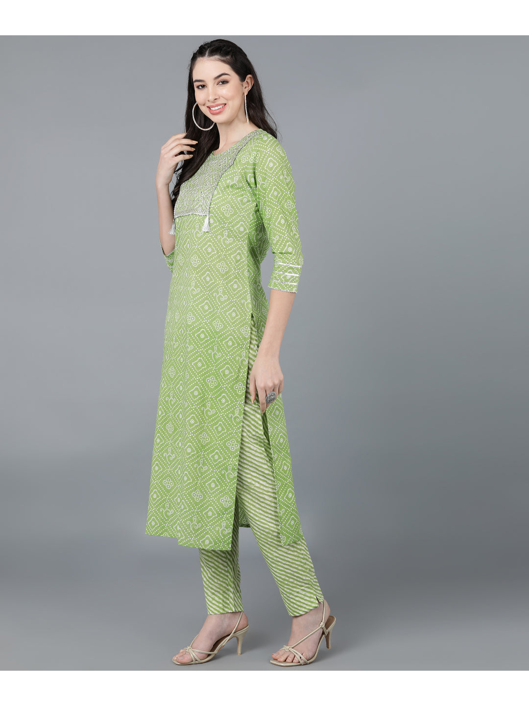 Cotton Leheriya Print Straight Kurta Set (Green)