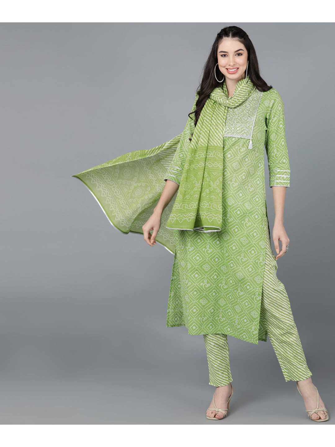 Cotton Leheriya Print Straight Kurta Set (Green)