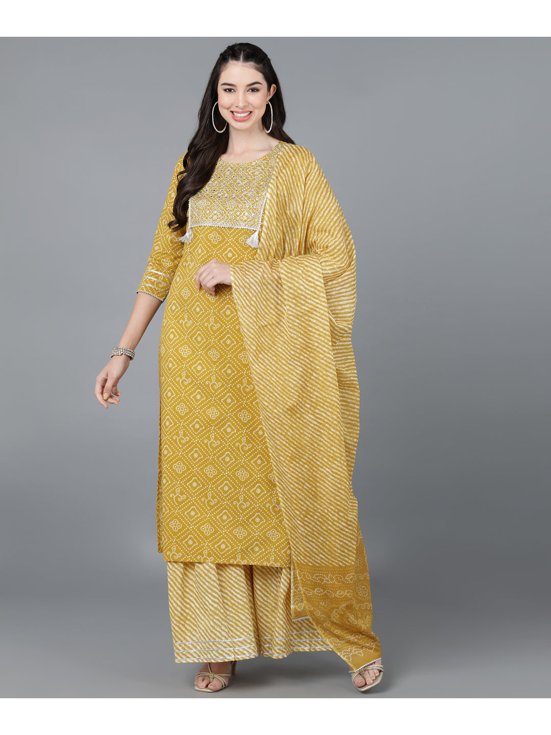 Cotton lehriya Print straight kurta Set (Mustard)