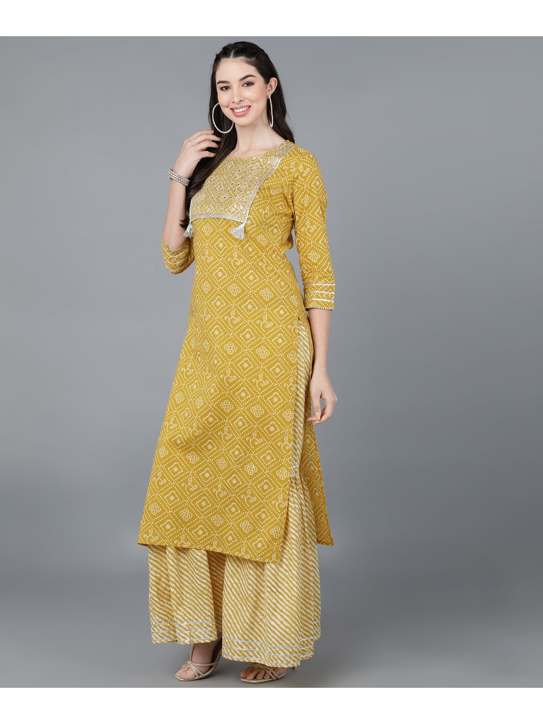 Cotton lehriya Print straight kurta Set (Mustard)