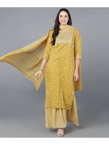 Cotton lehriya Print straight kurta Set (Mustard)