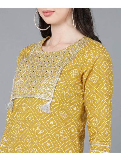 Cotton lehriya Print straight kurta Set (Mustard)