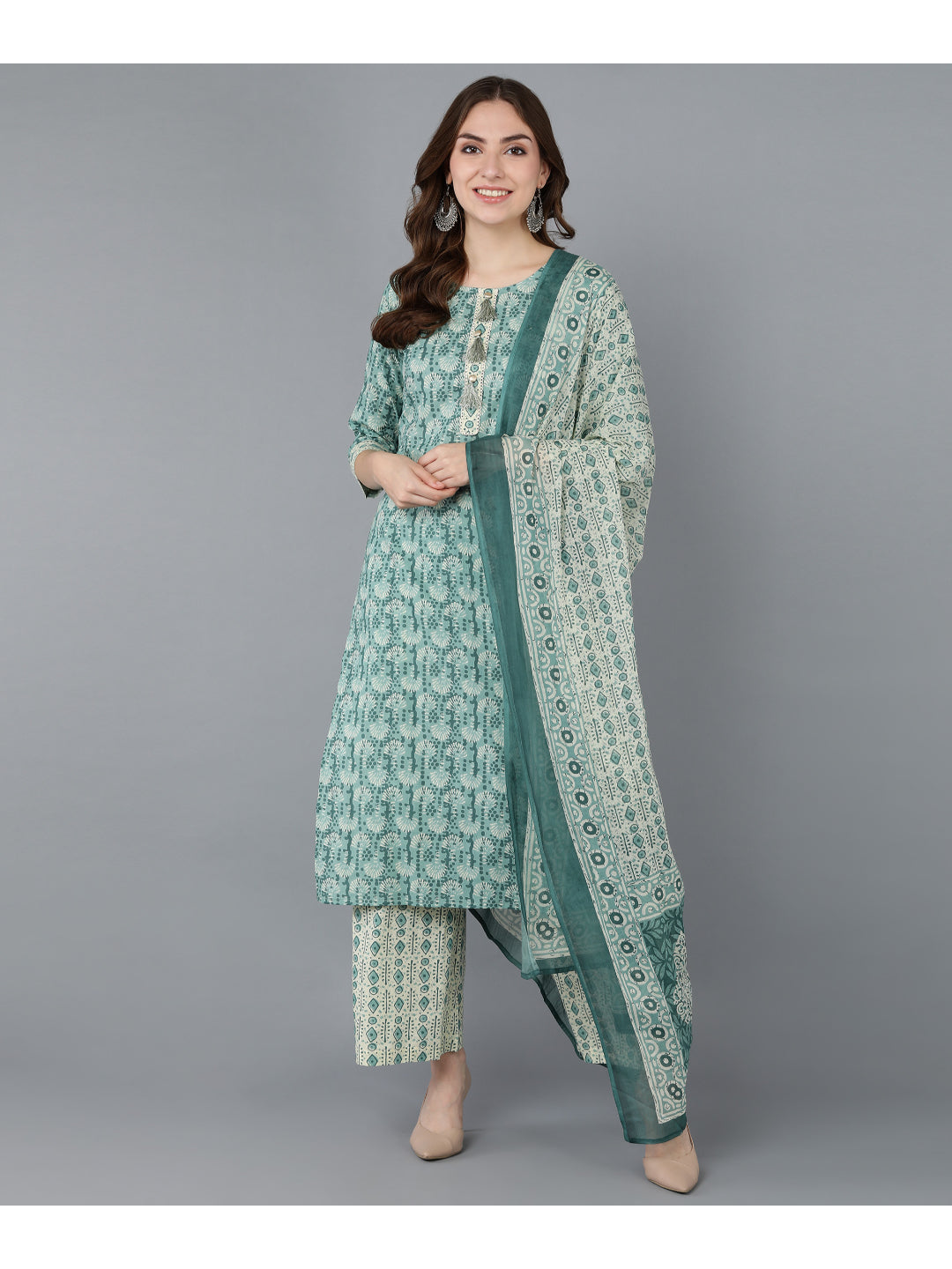 Cotton Printed Straight Kurta Set (Green)