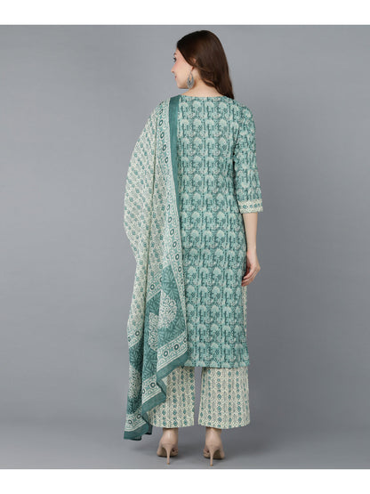 Cotton Printed Straight Kurta Set (Green)