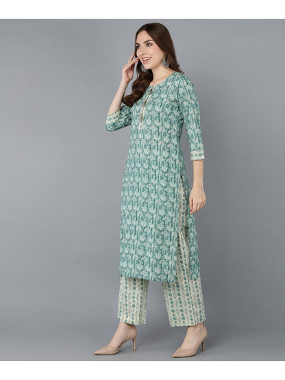 Cotton Printed Straight Kurta Set (Green)