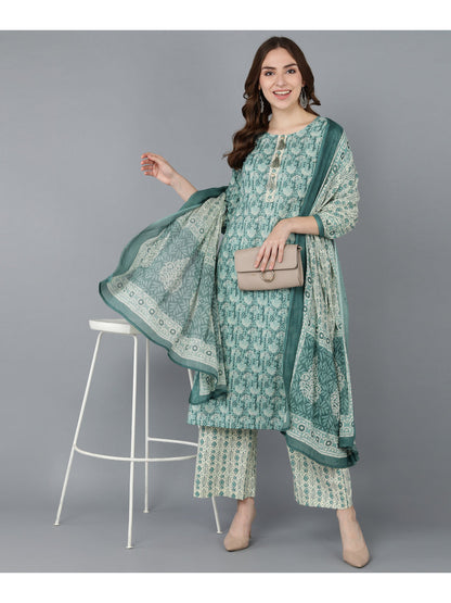 Cotton Printed Straight Kurta Set (Green)