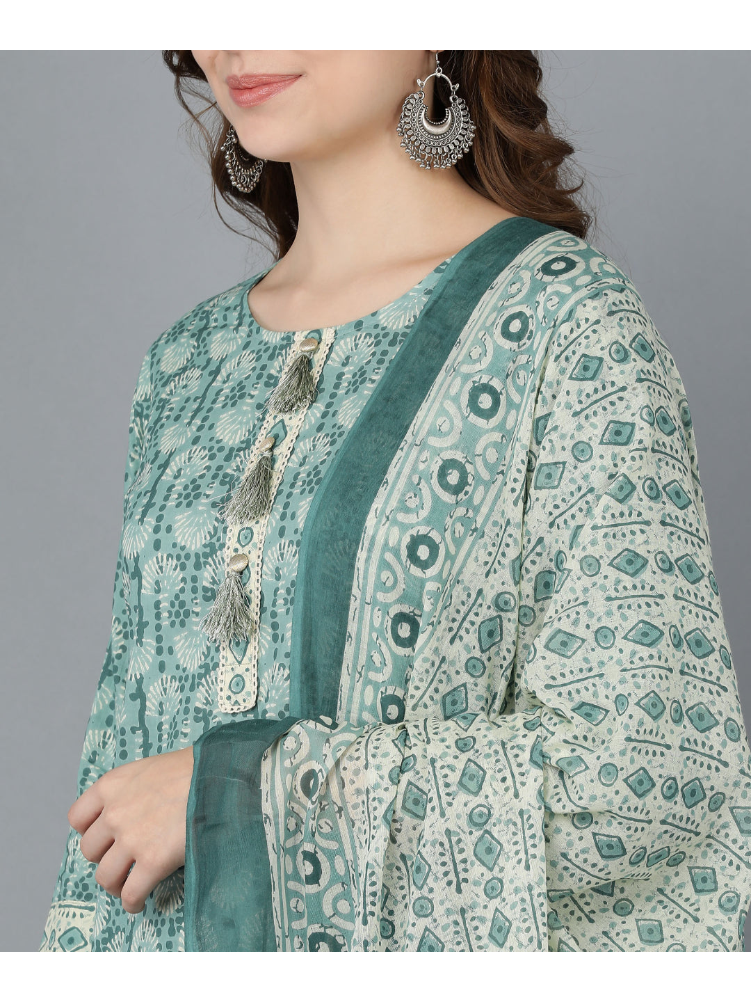 Cotton Printed Straight Kurta Set (Green)