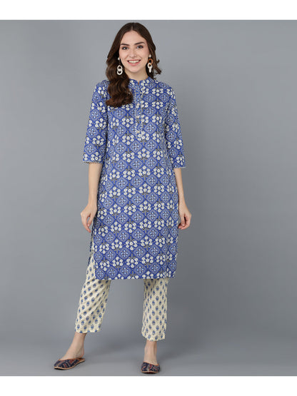 Cotton Printed Straight Kurta Set (Blue)