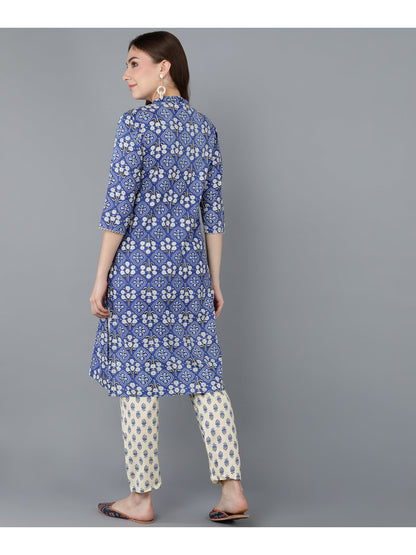 Cotton Printed Straight Kurta Set (Blue)