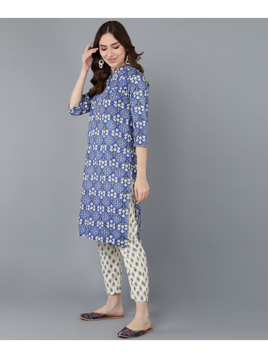 Cotton Printed Straight Kurta Set (Blue)