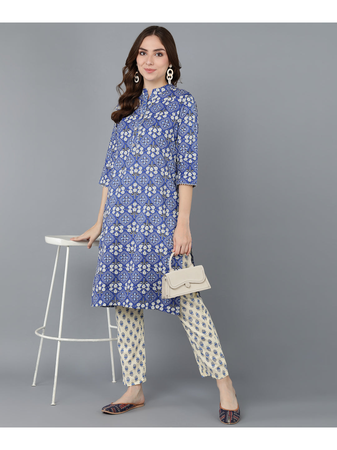 Cotton Printed Straight Kurta Set (Blue)