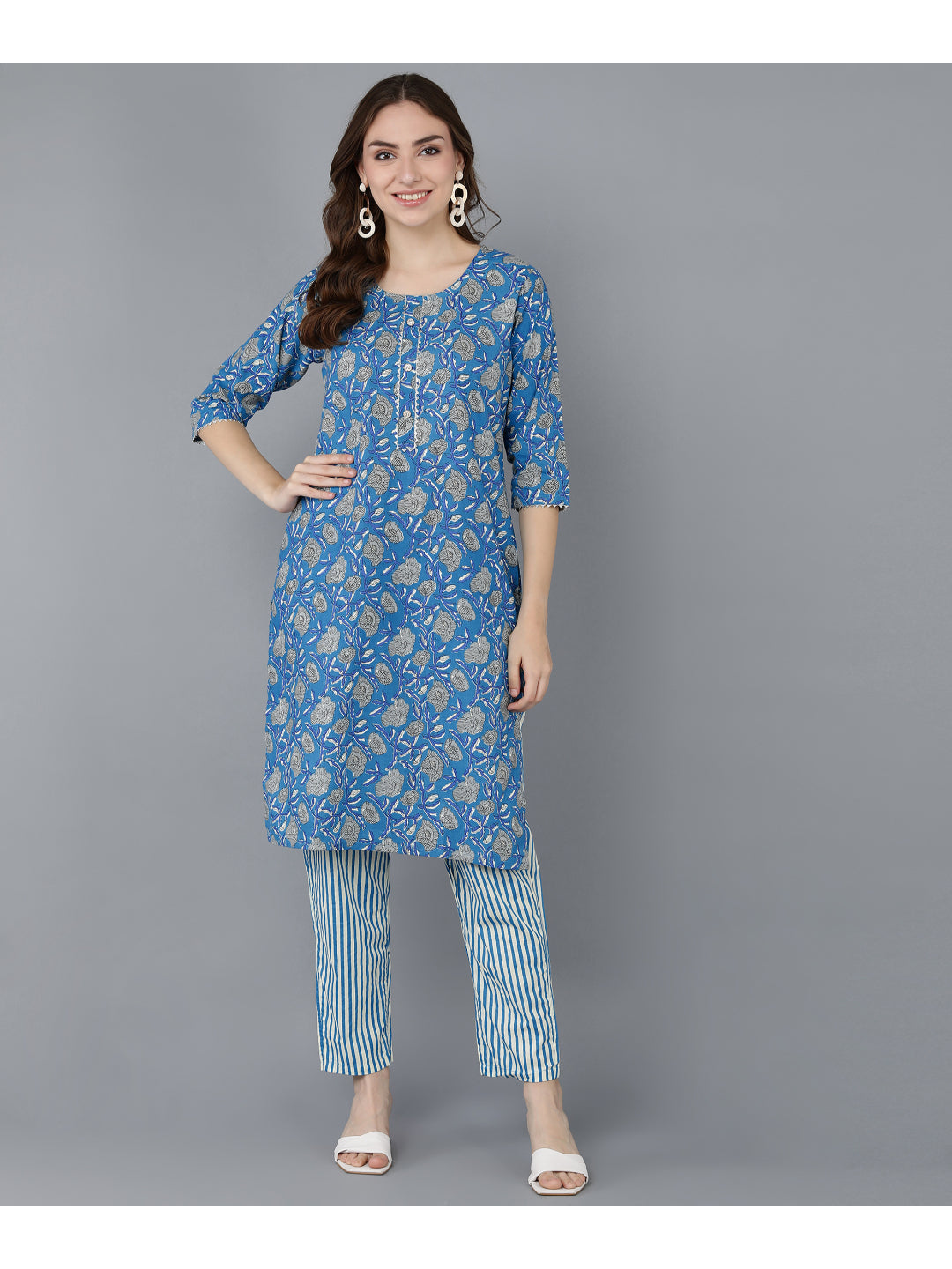 Cotton Printed Straight Kurta Set (Royal Blue)