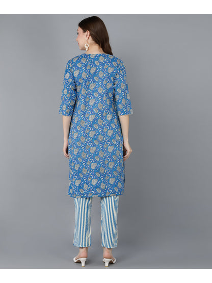 Cotton Printed Straight Kurta Set (Royal Blue)