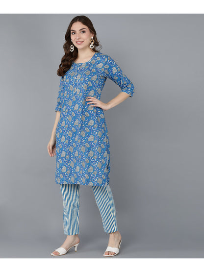 Cotton Printed Straight Kurta Set (Royal Blue)