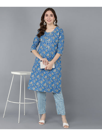 Cotton Printed Straight Kurta Set (Royal Blue)