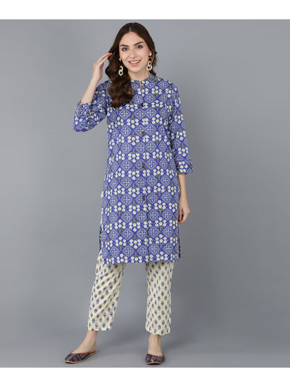 Cotton Printed Straight Kurta Set (Blue)