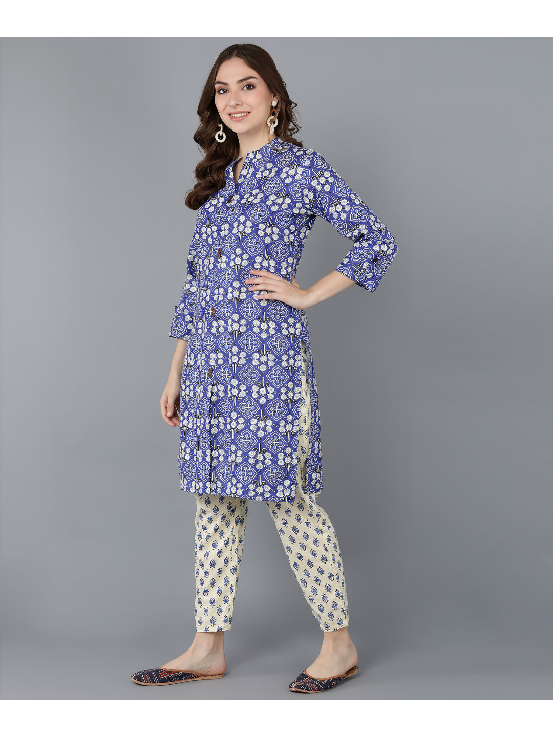 Cotton Printed Straight Kurta Set (Blue)