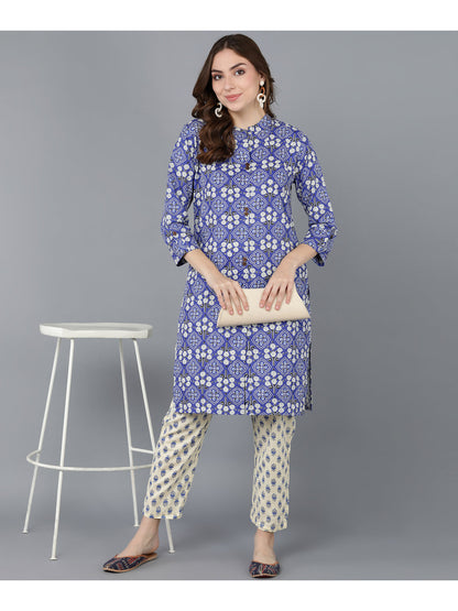 Cotton Printed Straight Kurta Set (Blue)