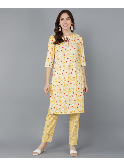 Cotton Printed Straight Kurta Set (Yellow)