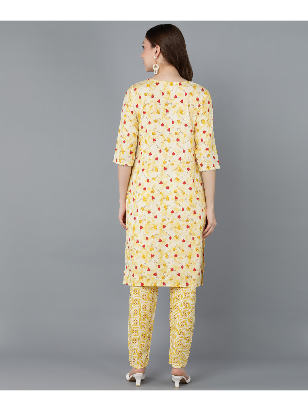 Cotton Printed Straight Kurta Set (Yellow)