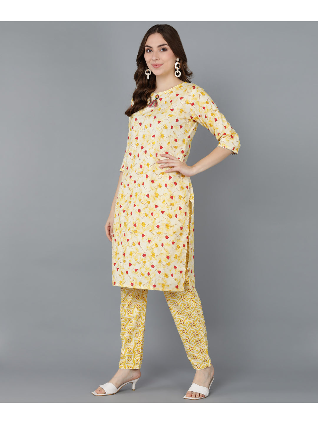 Cotton Printed Straight Kurta Set (Yellow)