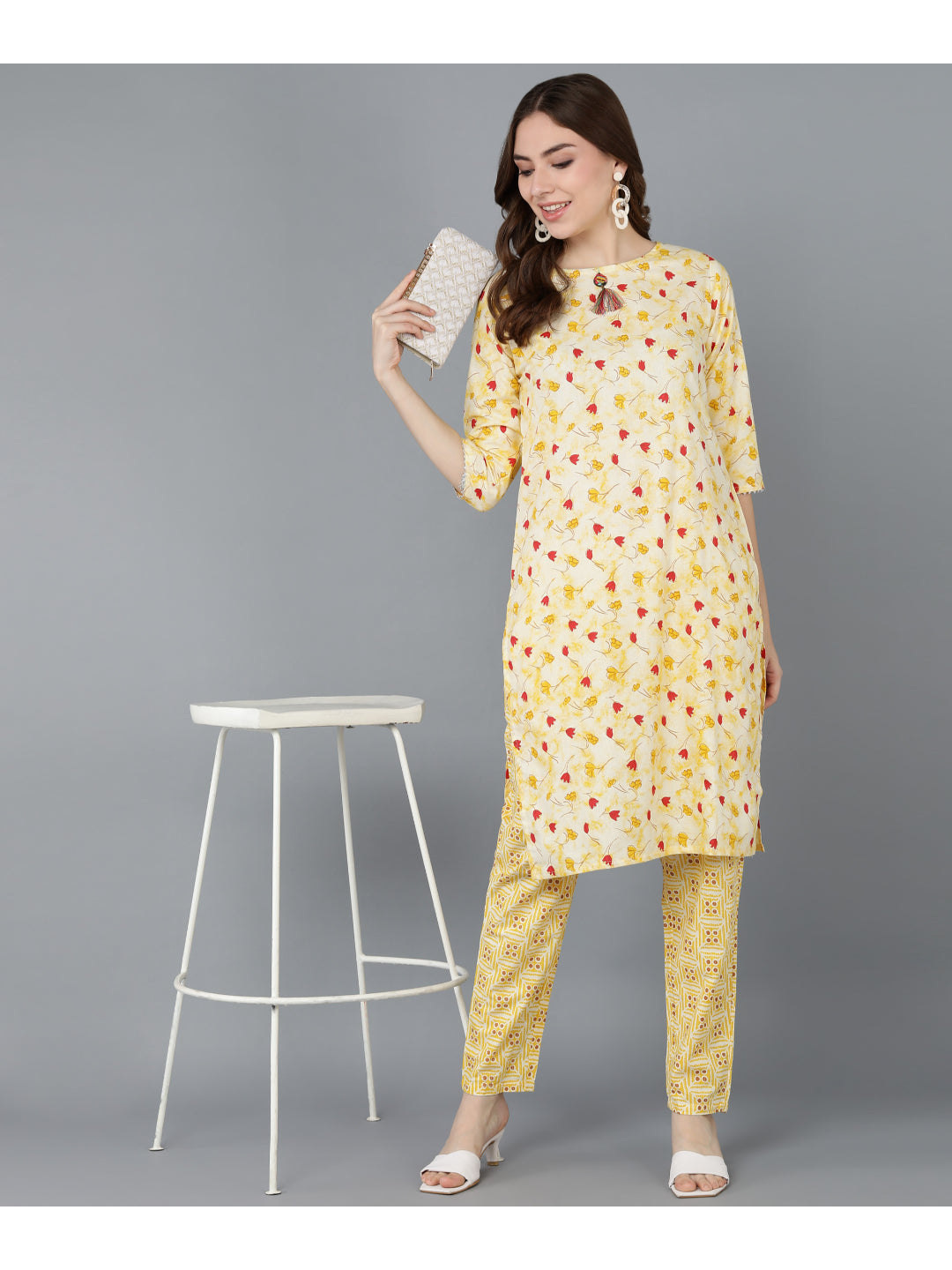 Cotton Printed Straight Kurta Set (Yellow)