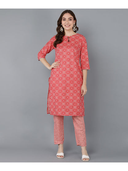 Cotton Printed Straight Kurta Set (Red)