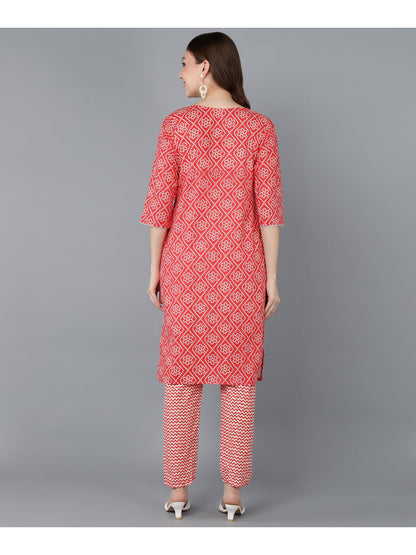 Cotton Printed Straight Kurta Set (Red)