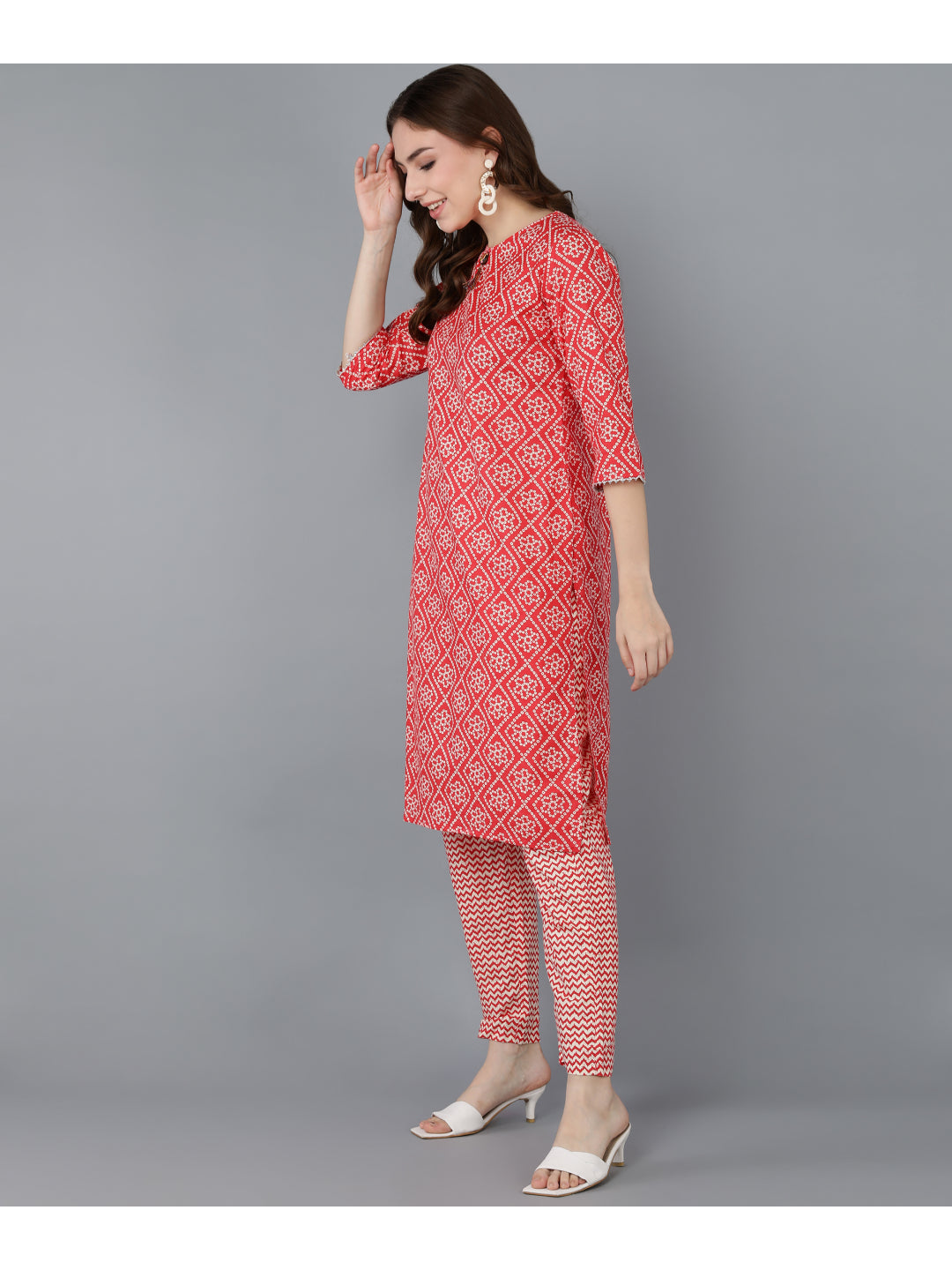 Cotton Printed Straight Kurta Set (Red)