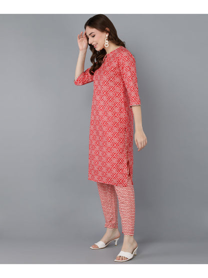 Cotton Printed Straight Kurta Set (Red)