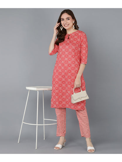 Cotton Printed Straight Kurta Set (Red)