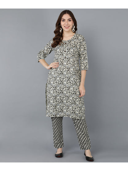 Cotton Printed Straight Kurta Set (Dark Green)