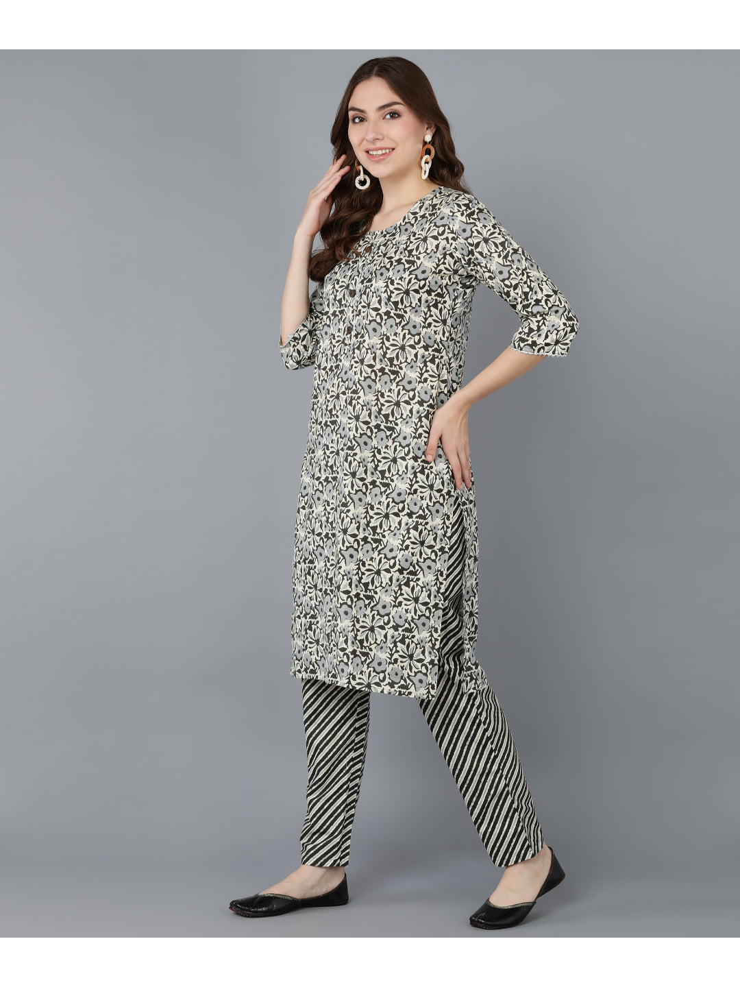 Cotton Printed Straight Kurta Set (Dark Green)